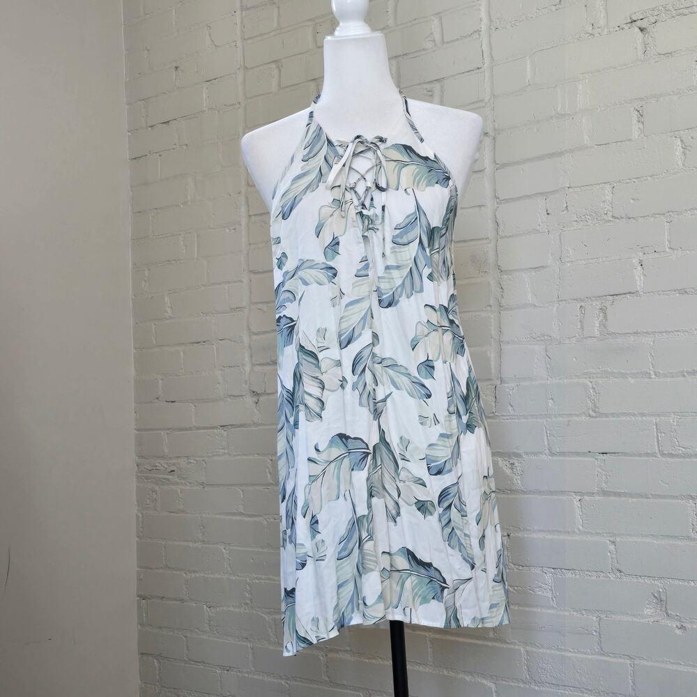 Show Me Your Mumu M Lo Lace Up Halter Mini Dress Tropical Banana Leaf Open Back